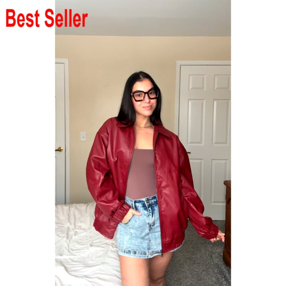 Oversized Faux Leather Bomber Jacket Zip Up Motorcycle Style S-XXL - Picture 5 of 7